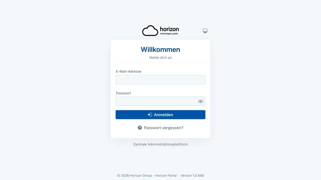 Helle Anmeldeseite des Horizon Portal mit dem Hinweis zentrale Administrationsplattform