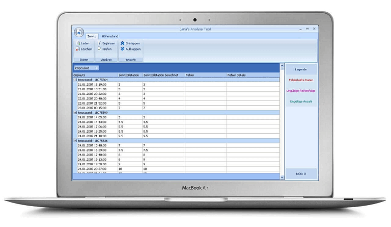 Screenshot der Analyse Zervix/Höhenstand Applikation